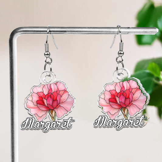 Birth Month Flower Stained Glass Effect Custom Name - Personalized Acrylic Earrings