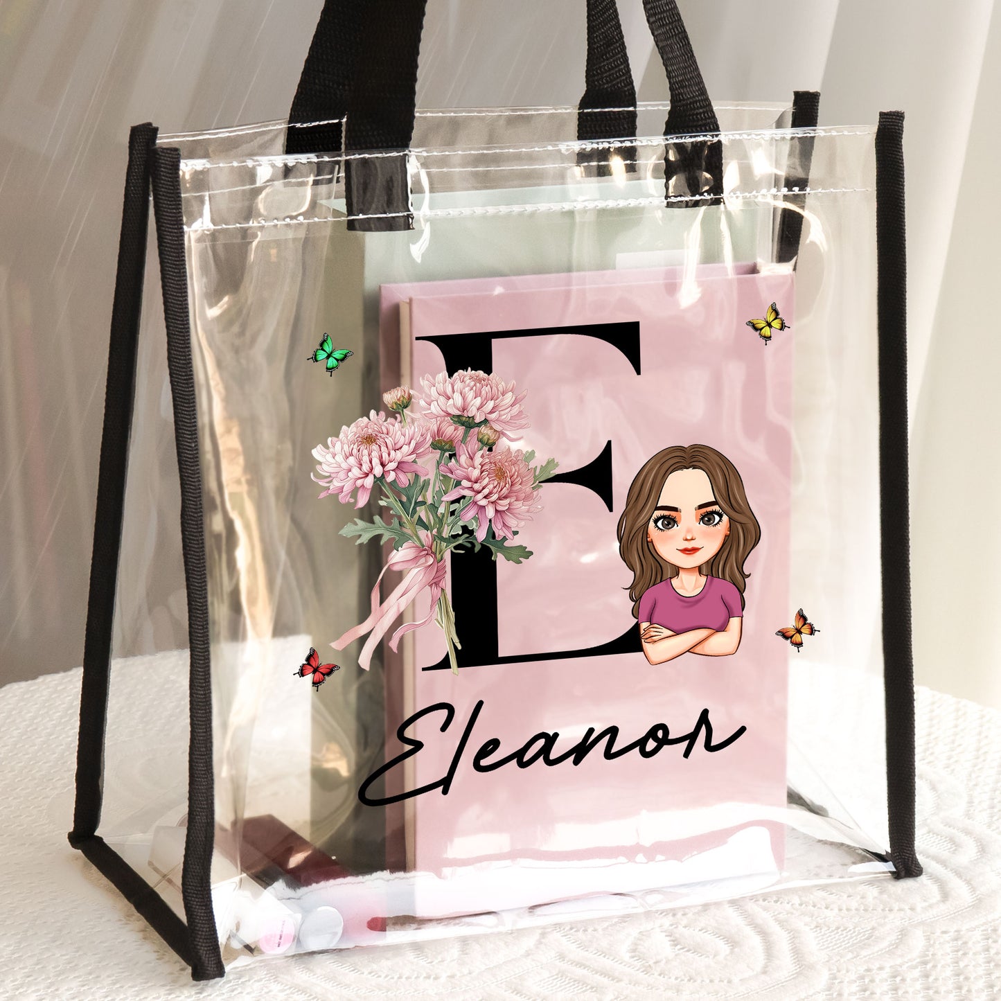 Birth Month Flower With Name Initial - Custom Clear Tote Bag