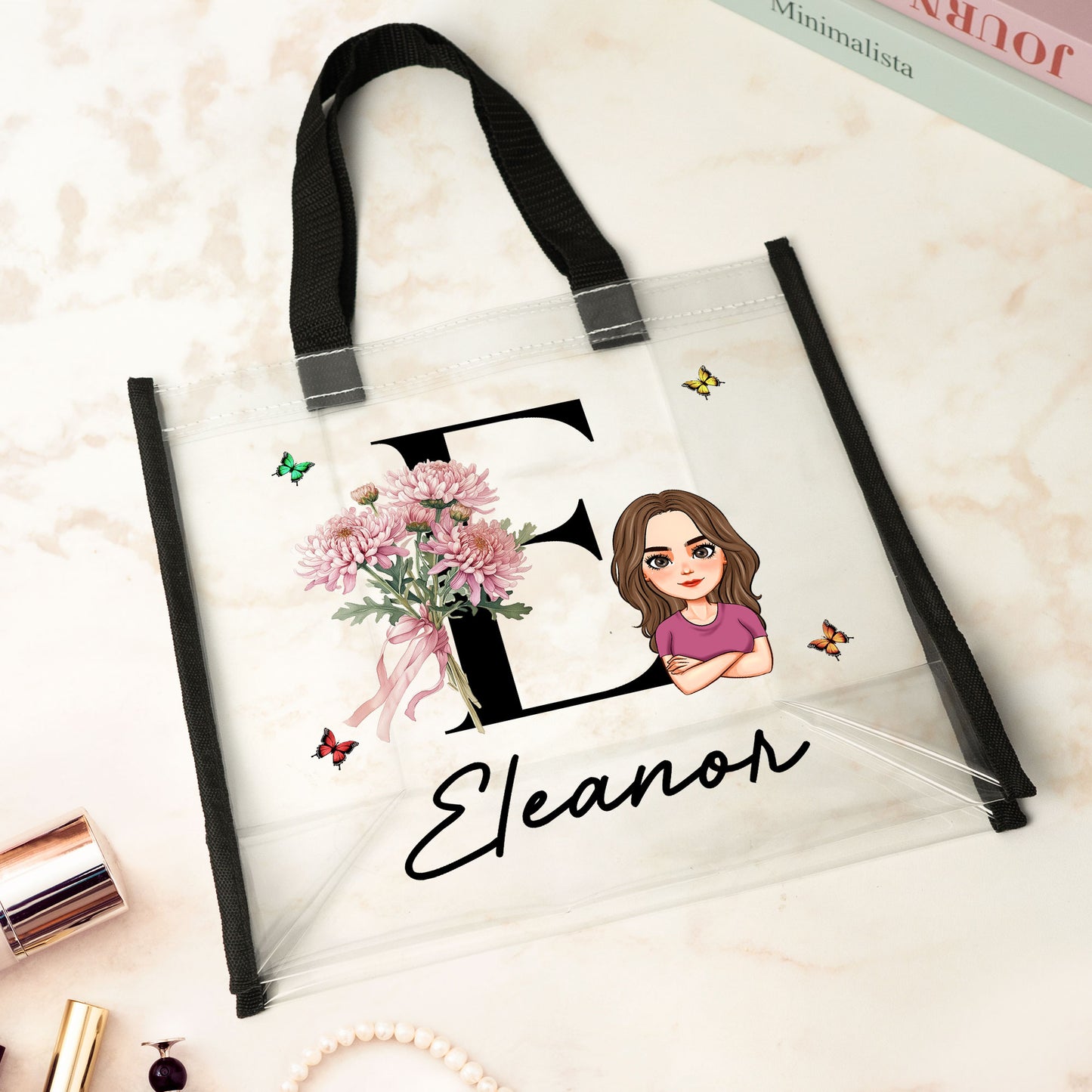 Birth Month Flower With Name Initial - Custom Clear Tote Bag