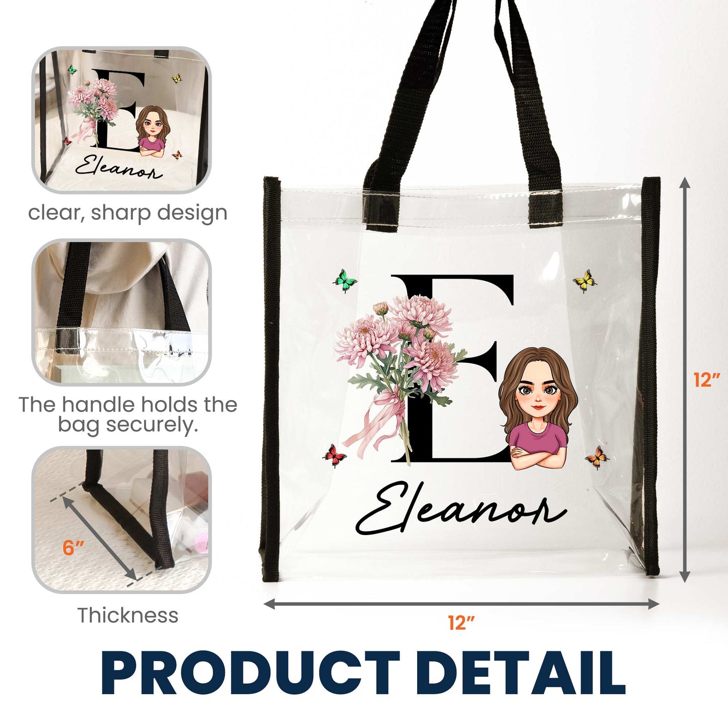 Birth Month Flower With Name Initial - Custom Clear Tote Bag