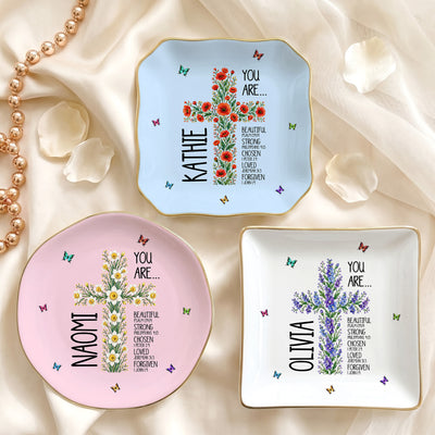 Birth Flower Cross You Are Bible Verse Affirmations - Personalized Jewelry Dish