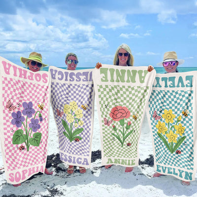Birth Month Flower Gift For Her Daughter Friends - Personalized Beach Towel