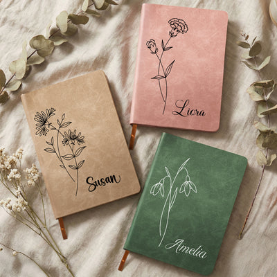 Birth Month Flower Notebook Custom Journal Birthday Gift - Personalized Leather Journal