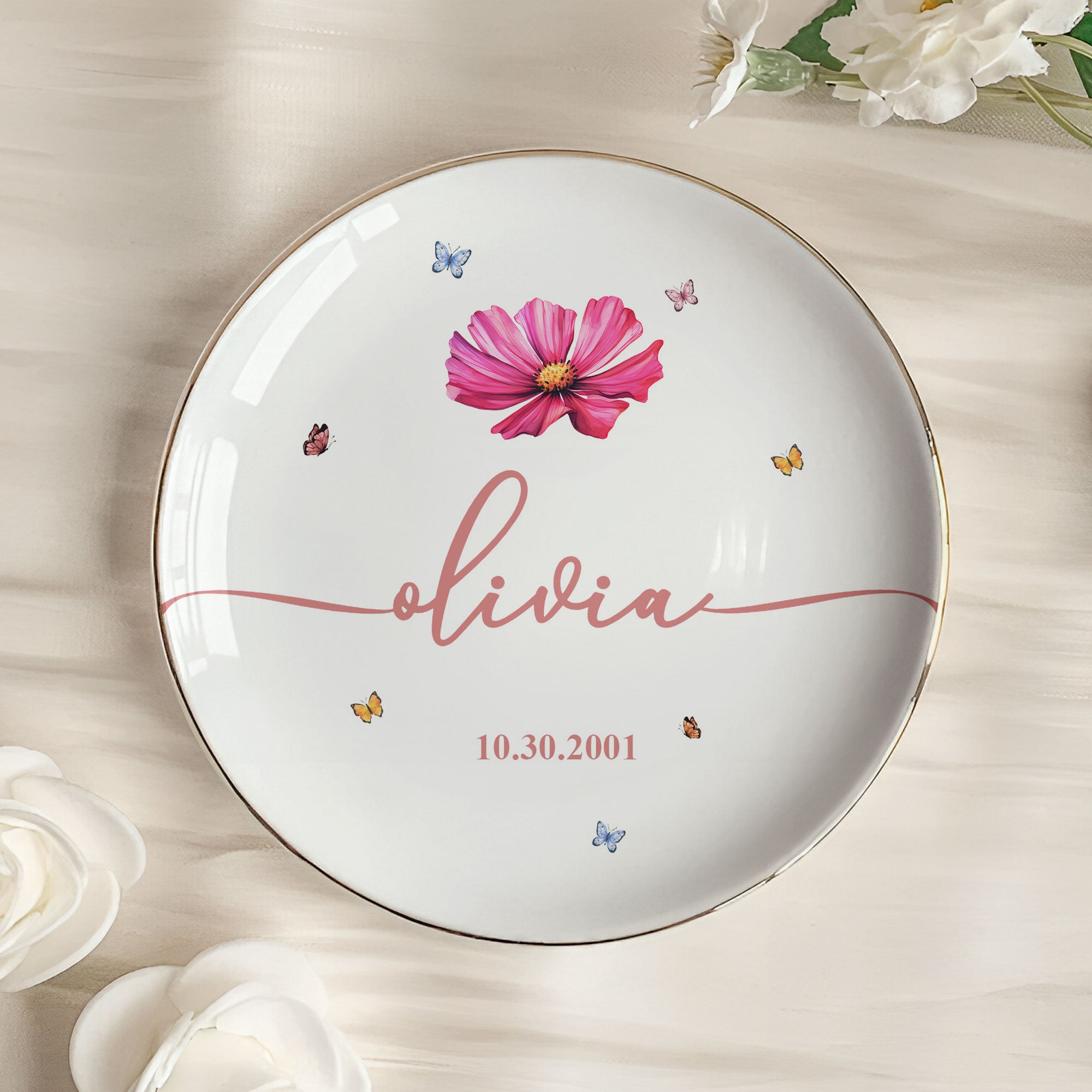Birthday Dish Custom Birth Flowers And Name - Personalized Jewelry Dish
