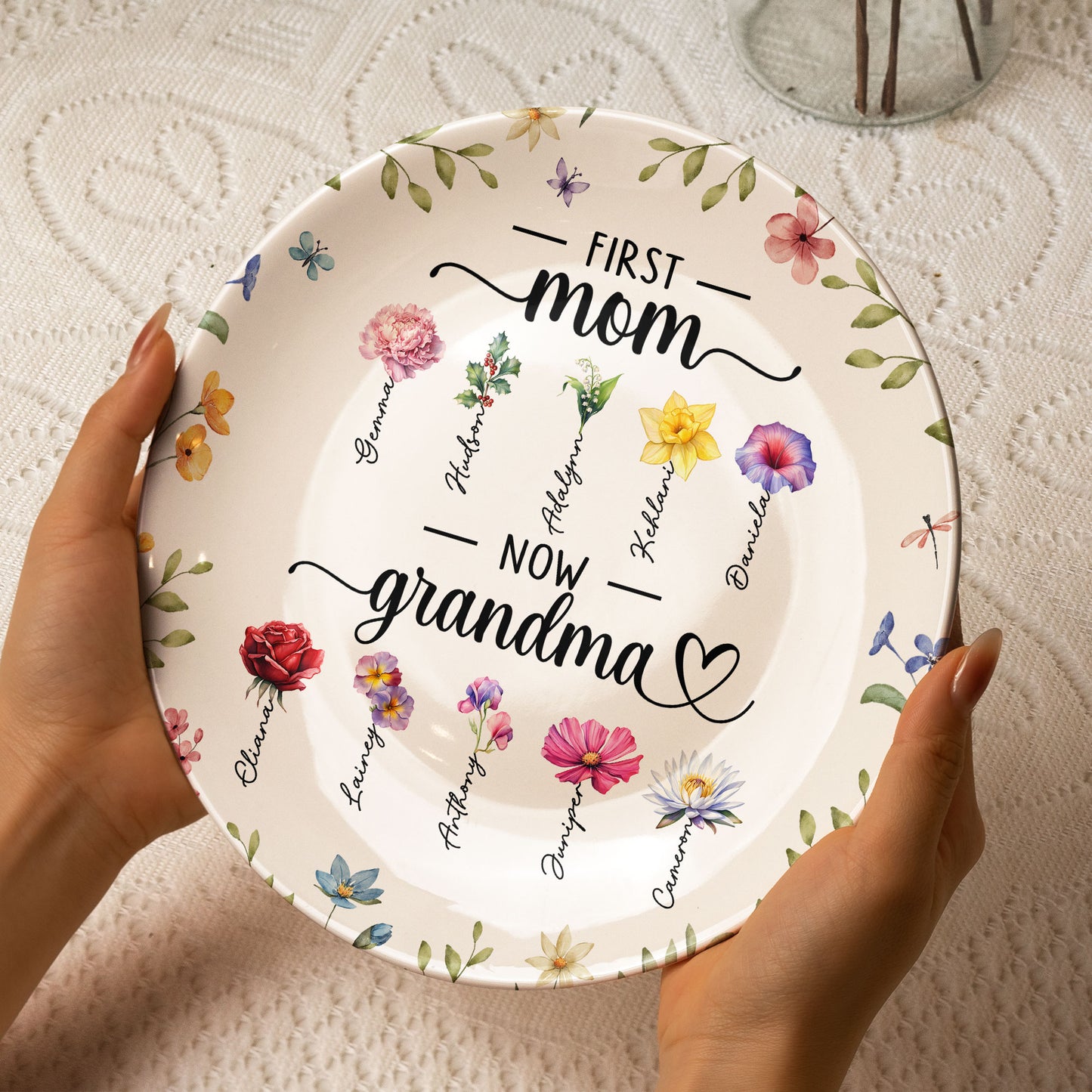 Birthday Flowers First Mom Now Grandma - Personalized Ceramic Plate