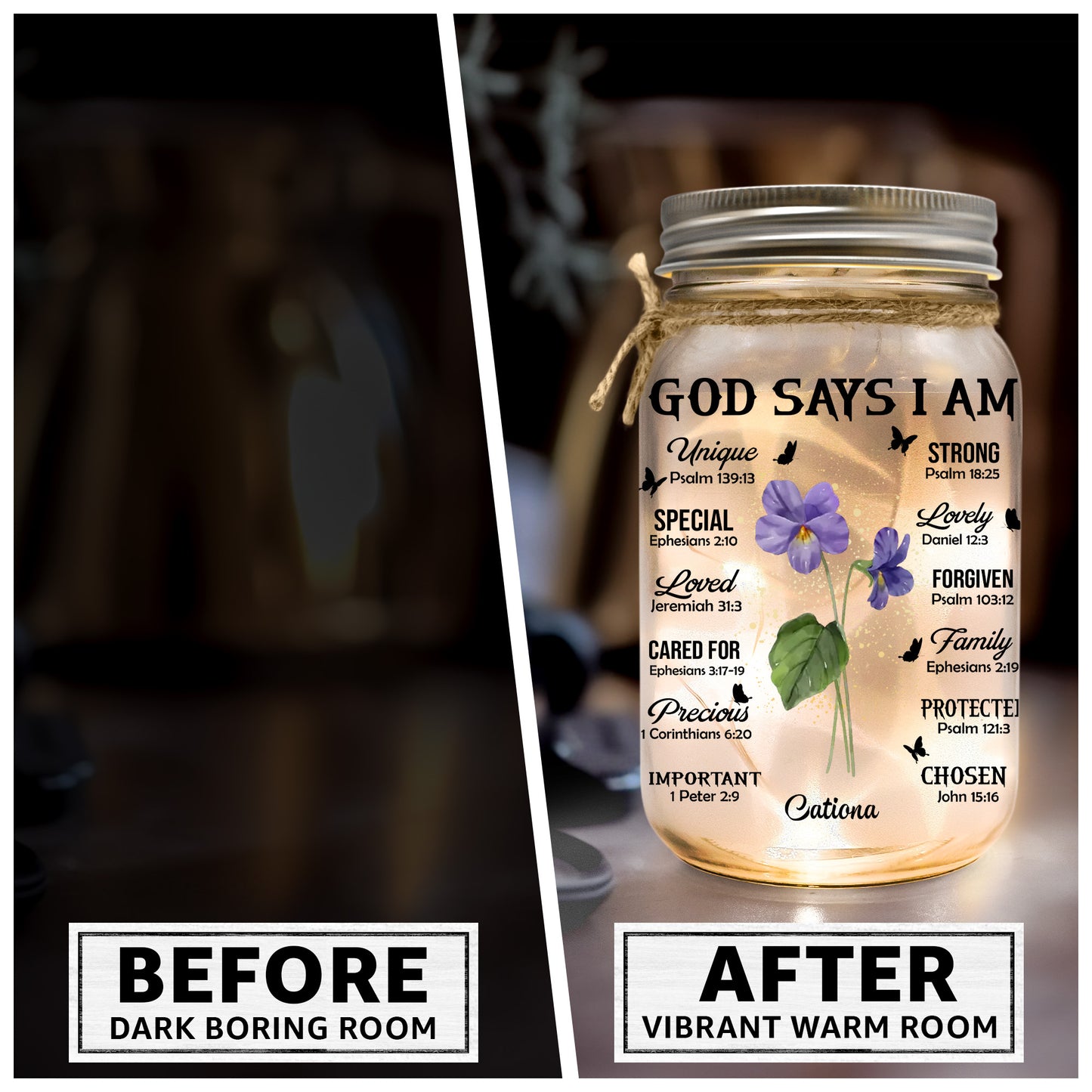 Birthday Flowers God Says I Am - Personalized Mason Jar Light