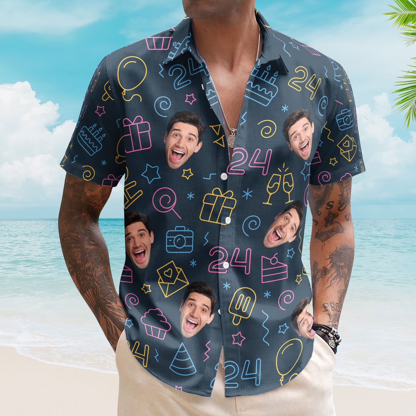 Birthday Neon Party Custom Face Funny Birthday Gift - Custom Photo Hawaiian Shirts