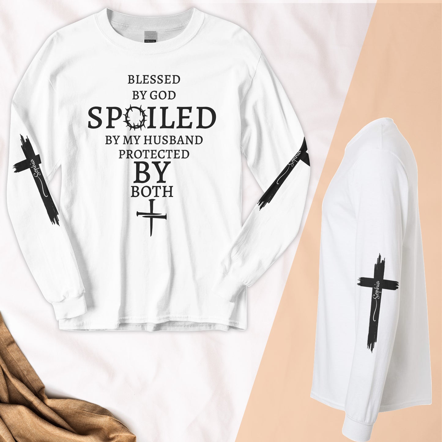 Blessed By God Spoiled By My Husband Custom Her Name - Custom Long Sleeve T-Shirt