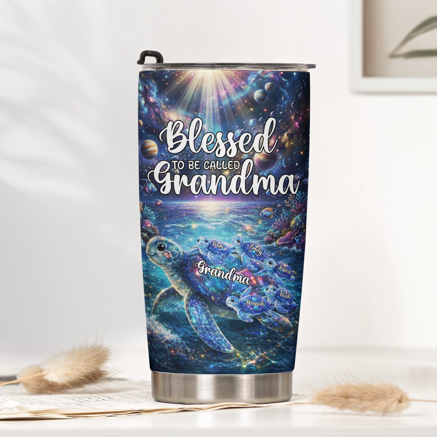 Blessed-To-Being-Called-Grandma-Turtle-With-Kids'-Names-Personalized-Tumbler-1