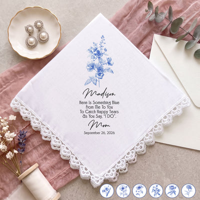 Blue Wedding Birth Flower Toile For Bride, Daughter - Personalized Handkerchief