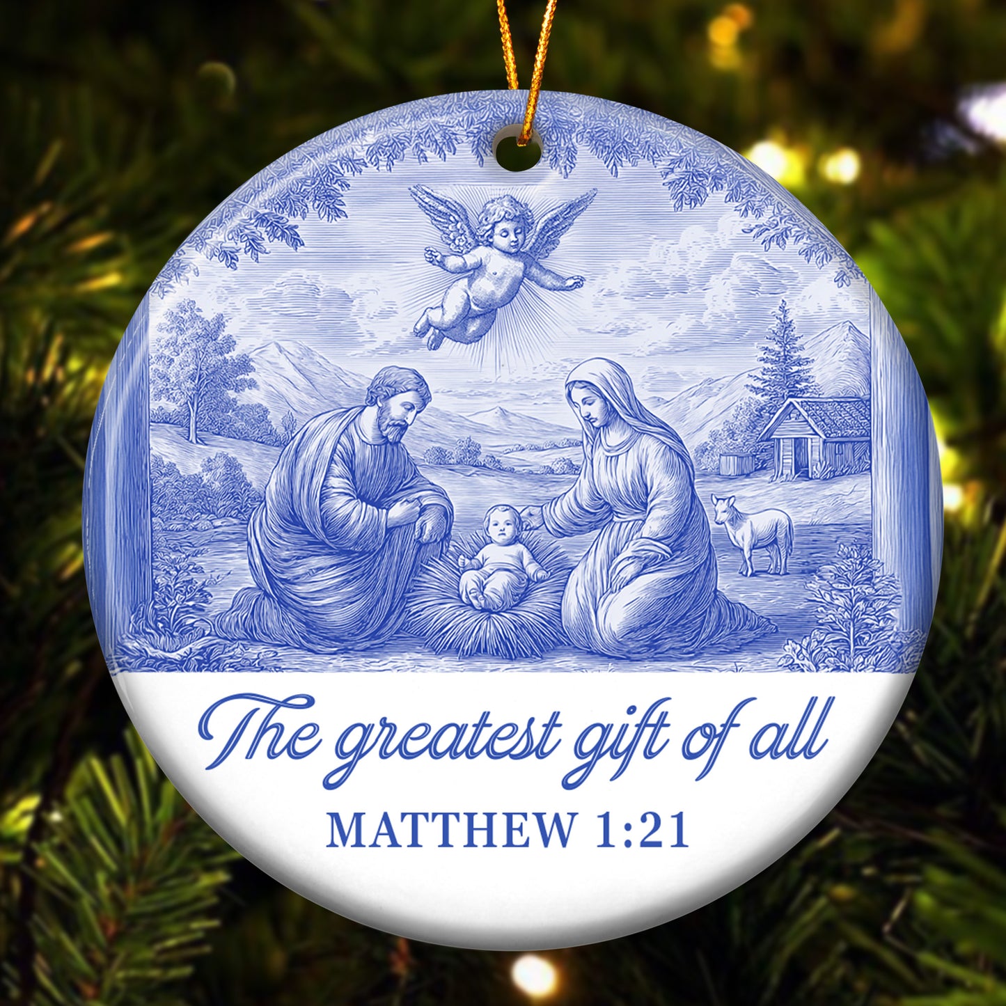 Nativity Scene Blue Toile De Jouy Christmas Holy Family - Ceramic Ornament