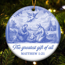 Nativity Scene Blue Toile De Jouy Christmas Holy Family - Ceramic Ornament