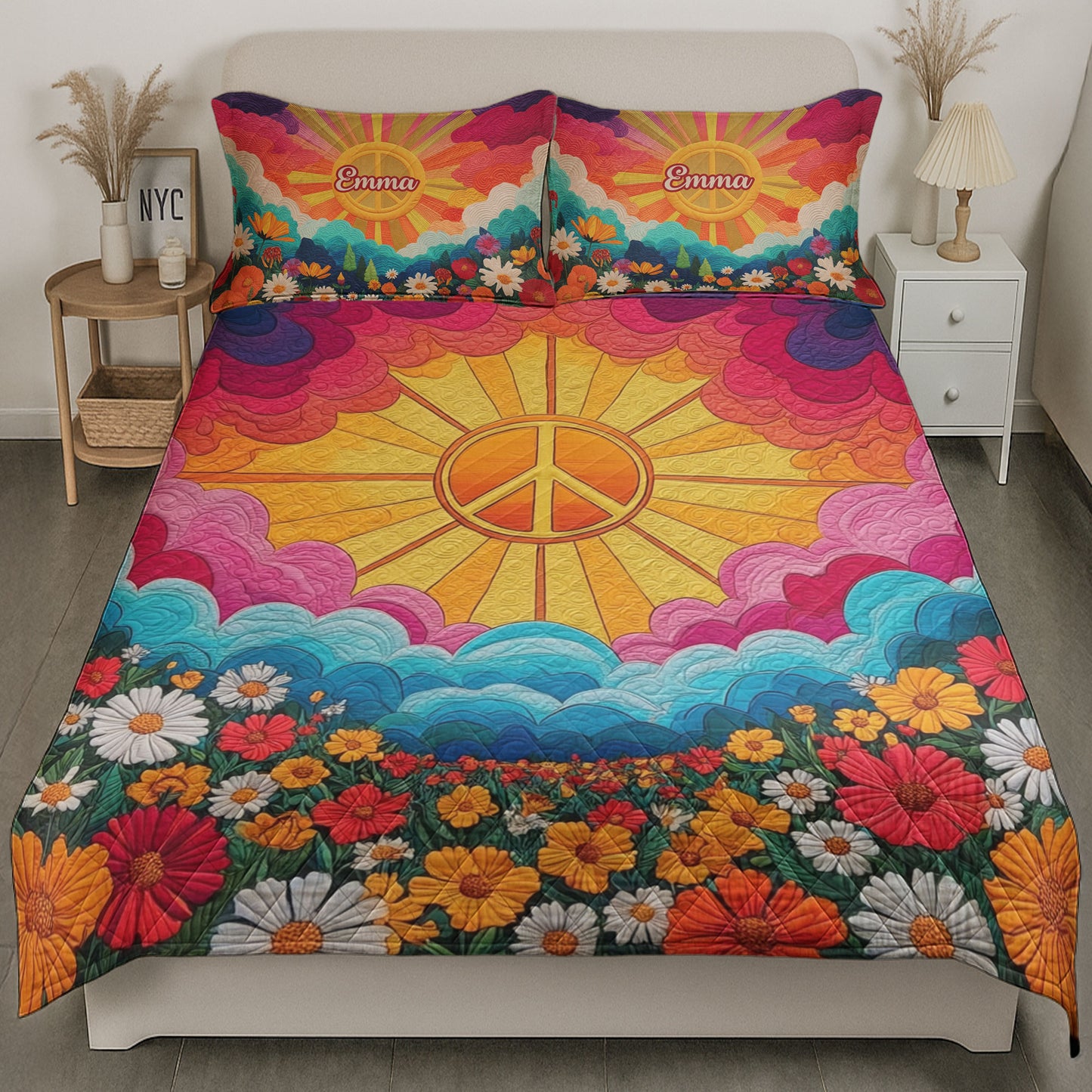 Boho Hippy Mushroom Sunrise Background - Custom Quilt Set