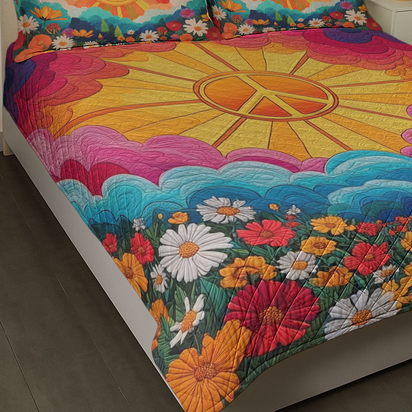 Boho Hippy Mushroom Sunrise Background - Custom Quilt Set
