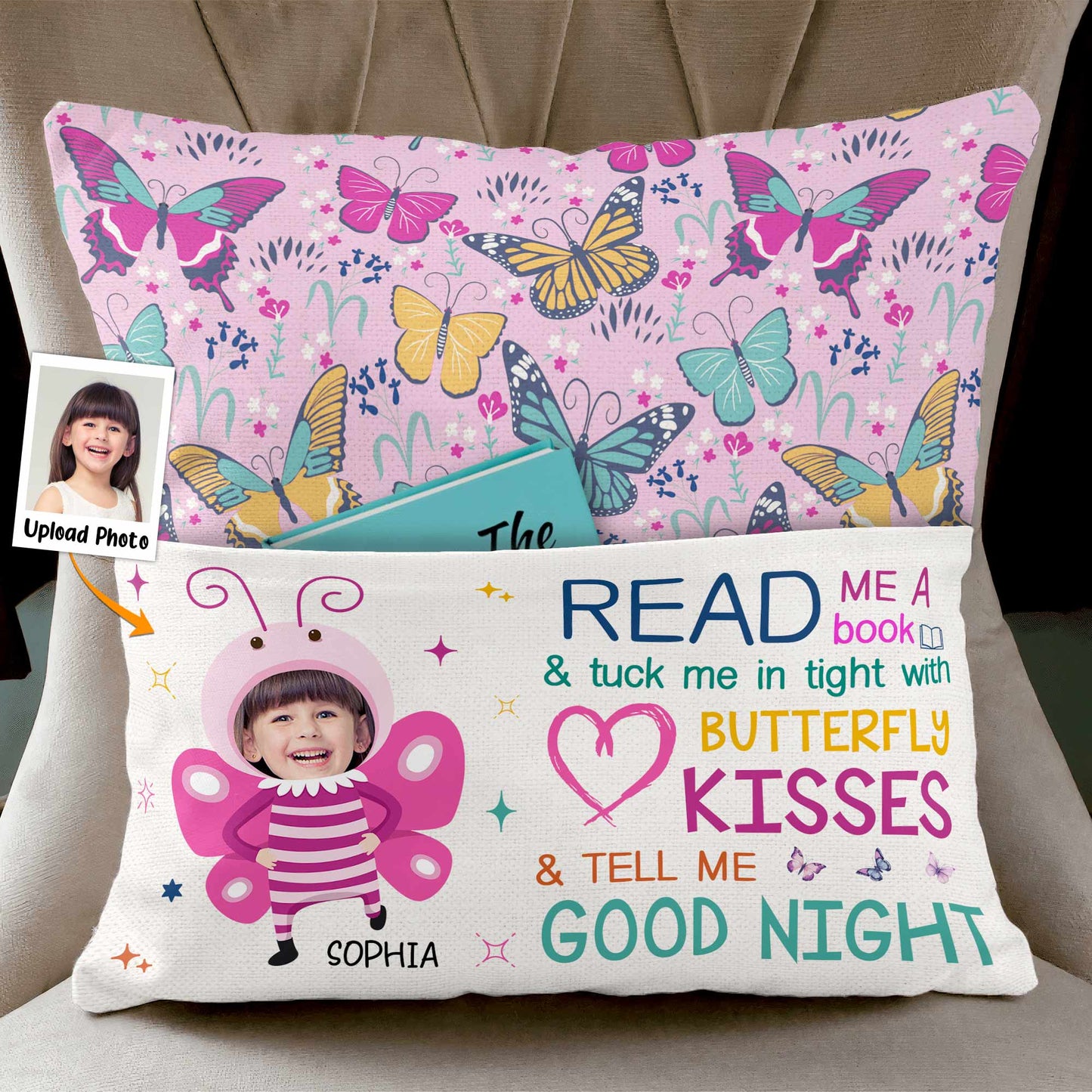 Book And Butterfly Kisses - Personalized Photo Pocket Pillow (Insert Included)