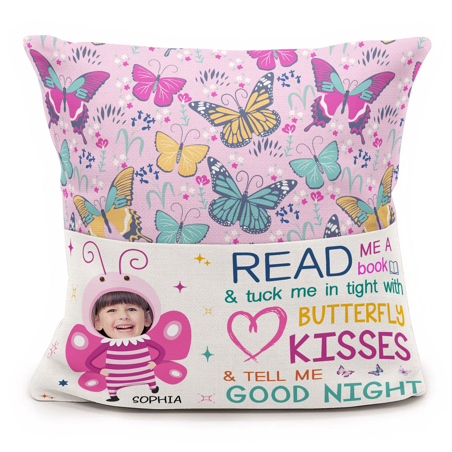 Book And Butterfly Kisses - Personalized Photo Pocket Pillow (Insert Included)