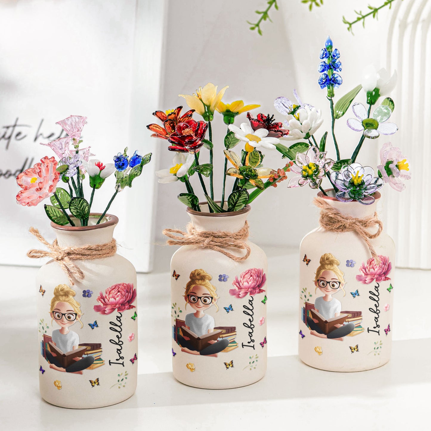 Book Lover, Birth Flower – Personalized Ceramic Vase (Vase Only, Flowers Excluded)