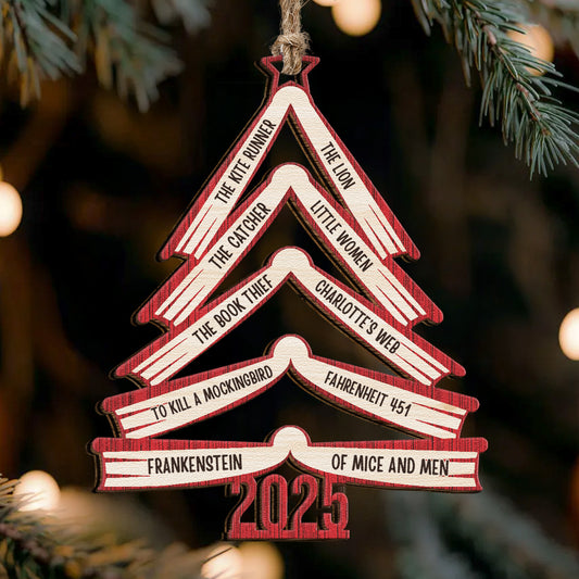 Book Names Christmas Tree 2025 - Personalized Wooden Ornament