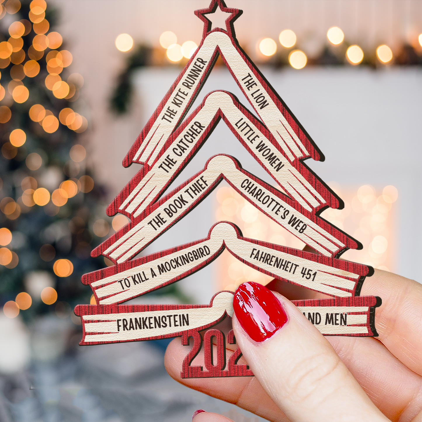 Book Names Christmas Tree 2024 - Personalized Wooden Ornament