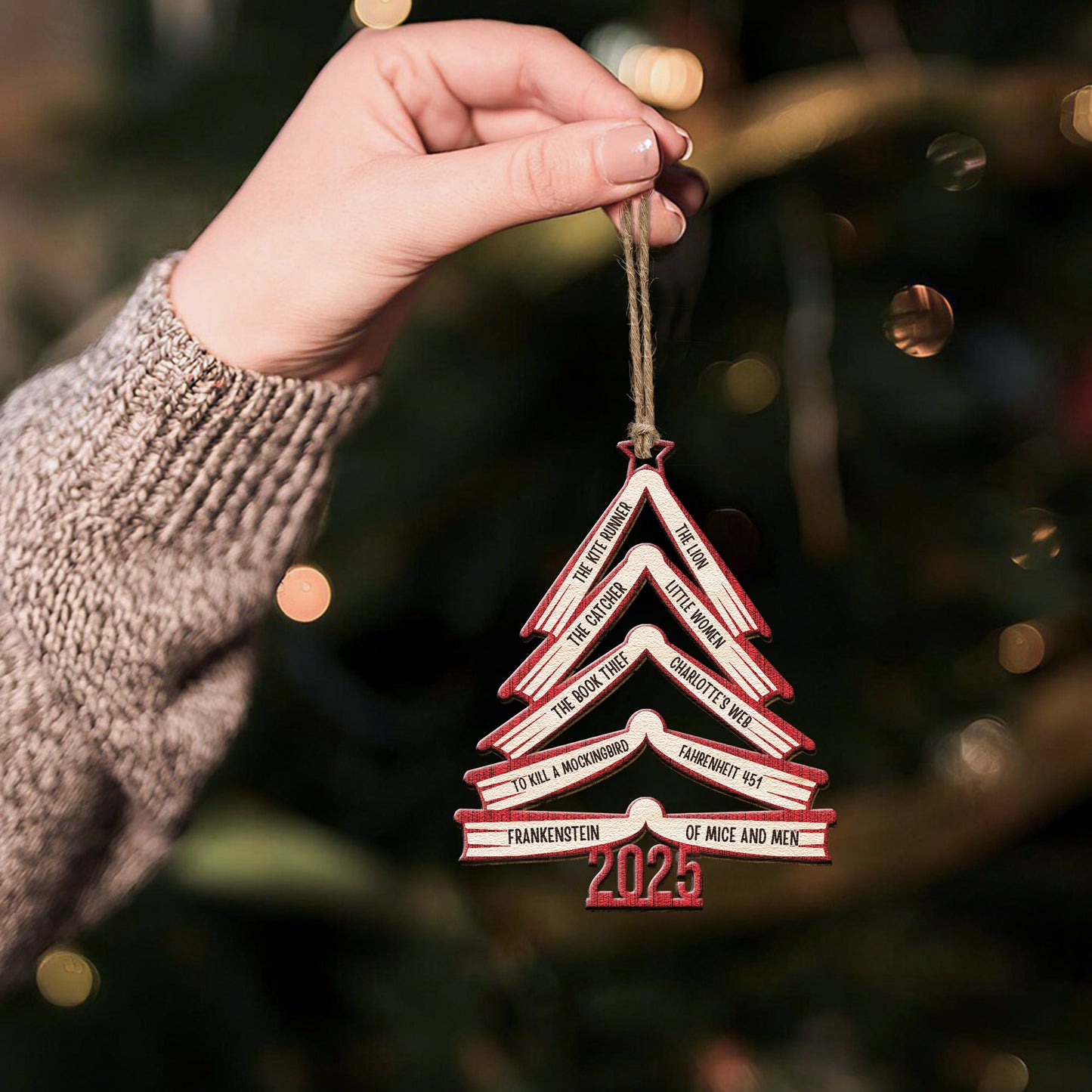 Book Names Christmas Tree 2025 - Personalized Wooden Ornament