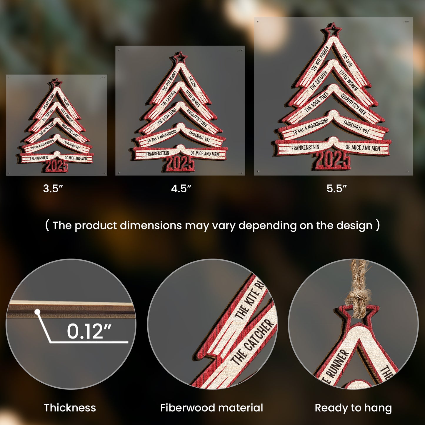 Book Names Christmas Tree 2025 - Personalized Wooden Ornament