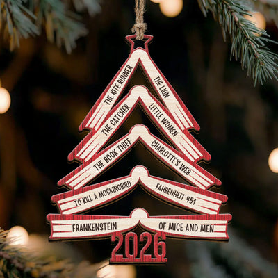 Book Names Christmas Tree 2026 - Personalized Wooden Ornament