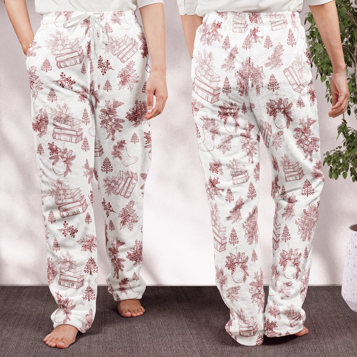 Book, Wine, Baking, Knitting Lover Toile De Jouy - Personalized Fleece Pajama Pants