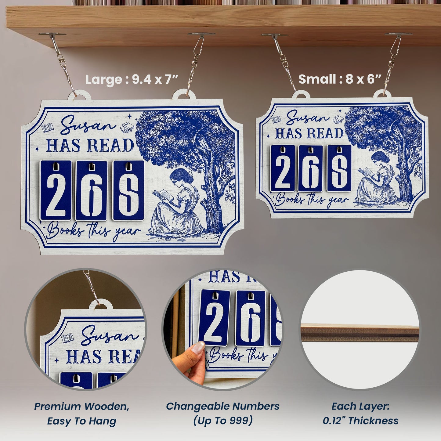 Books Read This Year, Toile De Jouy - Personalized Hanging Bookshelf Counter