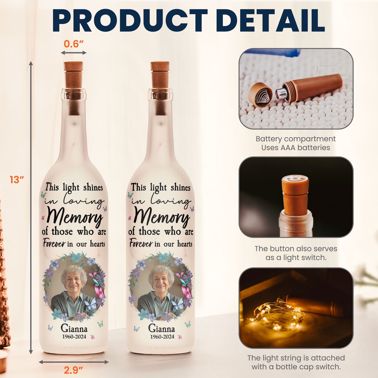 Memorial Light Shines In Loving Memory Of Those - Personalized Photo Bottle Lamp