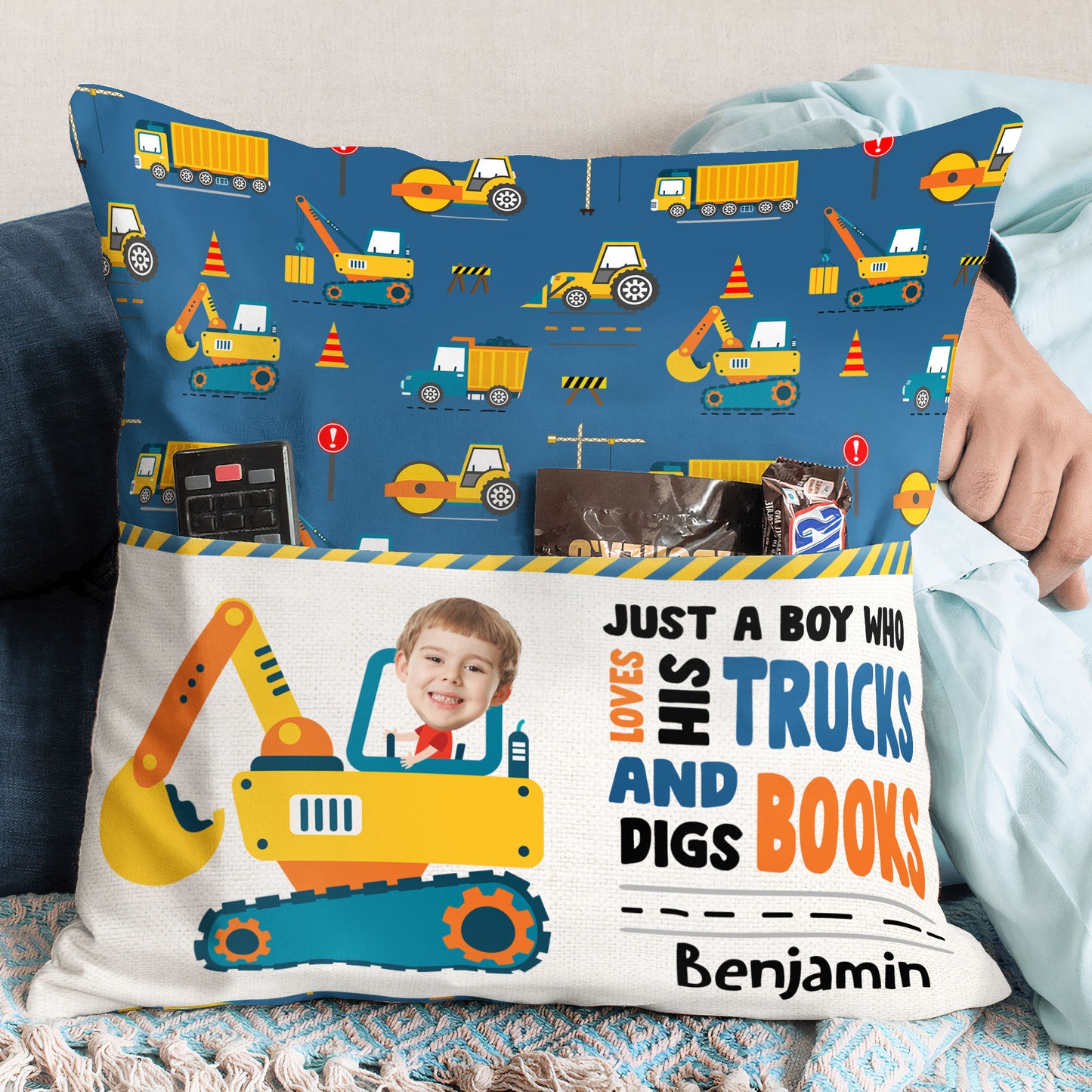 Boy Loves Trucks And Digs Books - Personalized Photo Pocket Pillow (Insert Included)