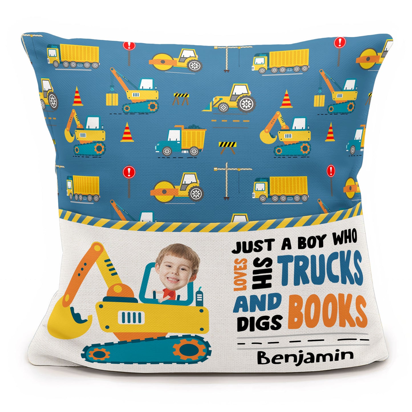 Boy Loves Trucks And Digs Books - Personalized Photo Pocket Pillow (Insert Included)