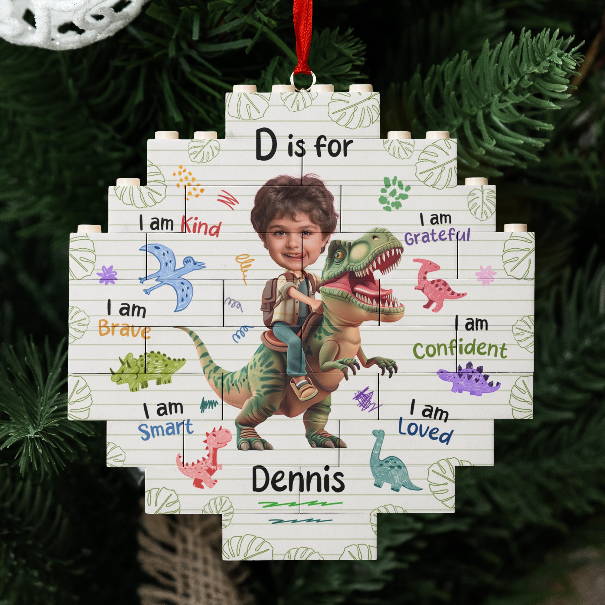 Boy Riding Dinosaur - Christmas Gifts For Kids - Custom Buildable Christmas Photo Ornament