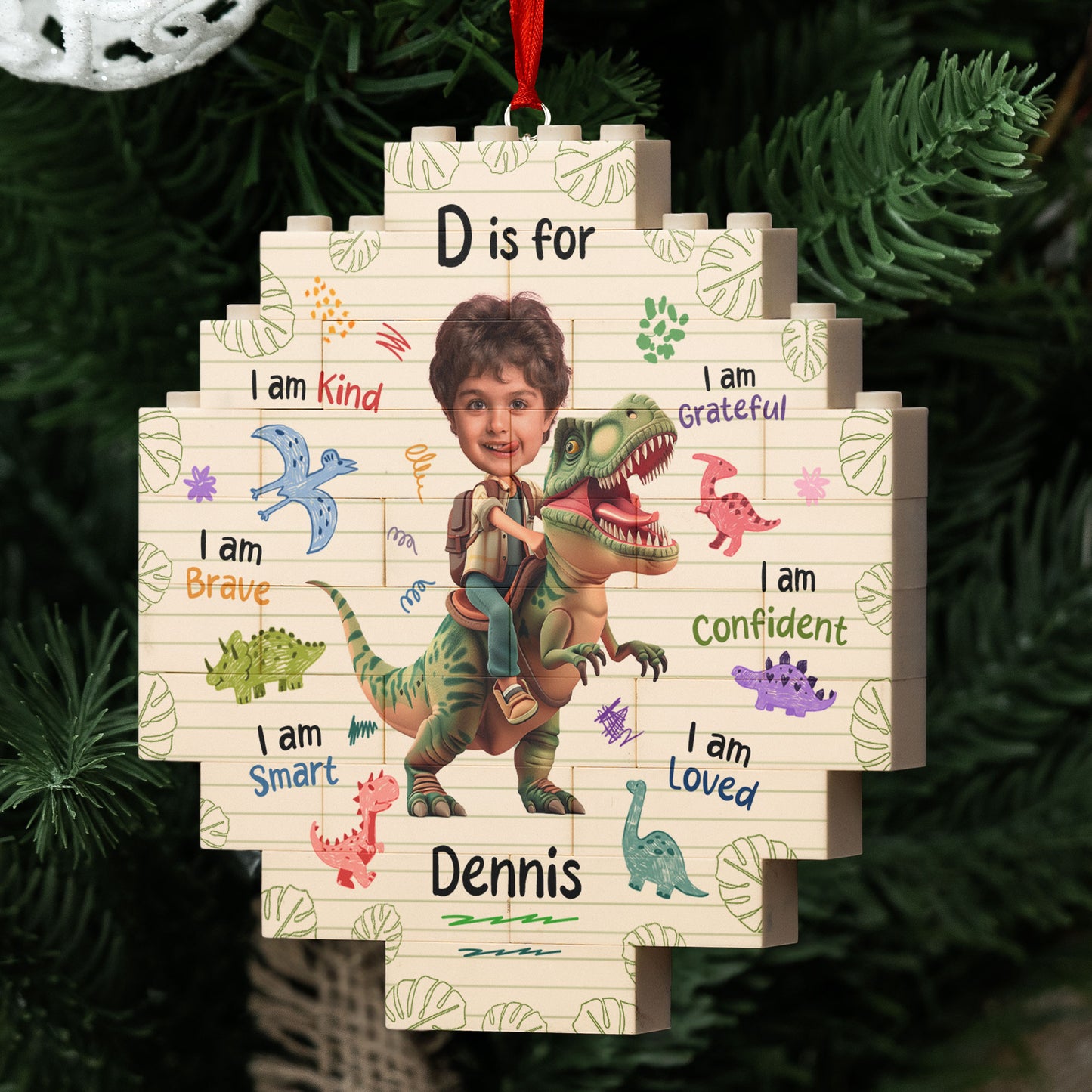 Boy Riding Dinosaur - Christmas Gifts For Kids - Custom Buildable Christmas Photo Ornament