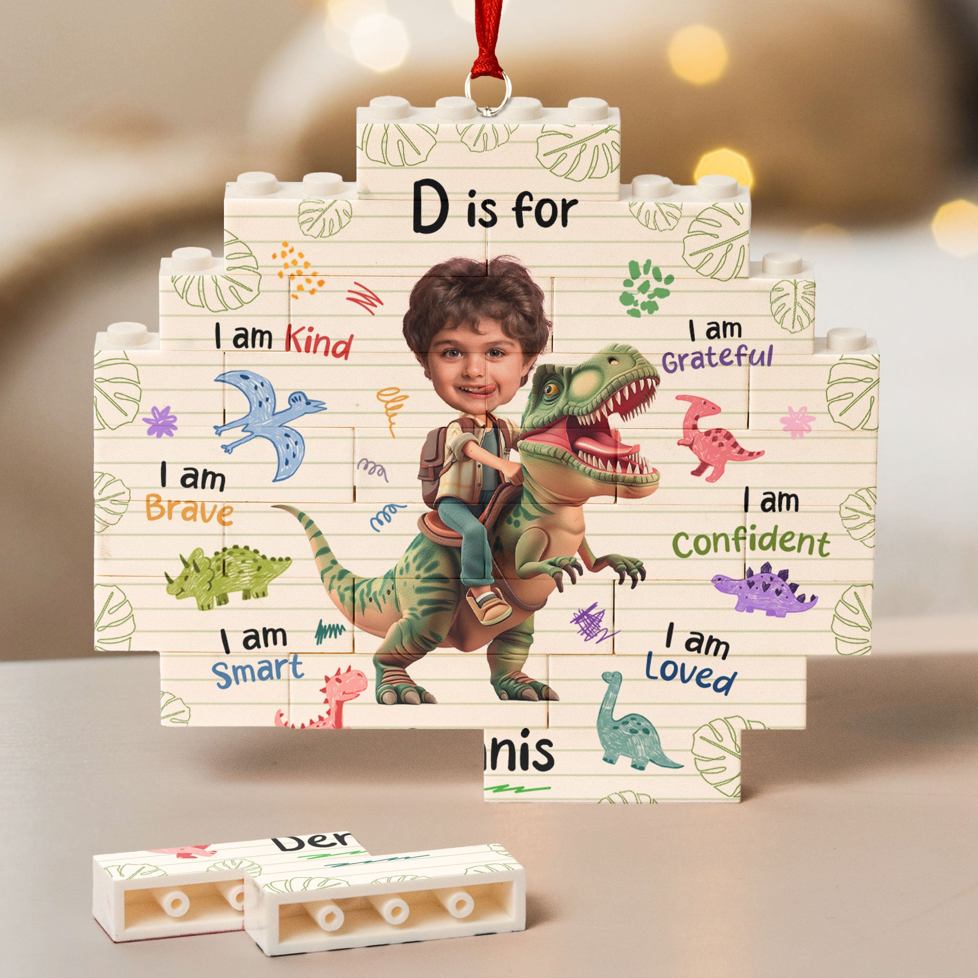 Boy Riding Dinosaur - Christmas Gifts For Kids - Custom Buildable Christmas Photo Ornament