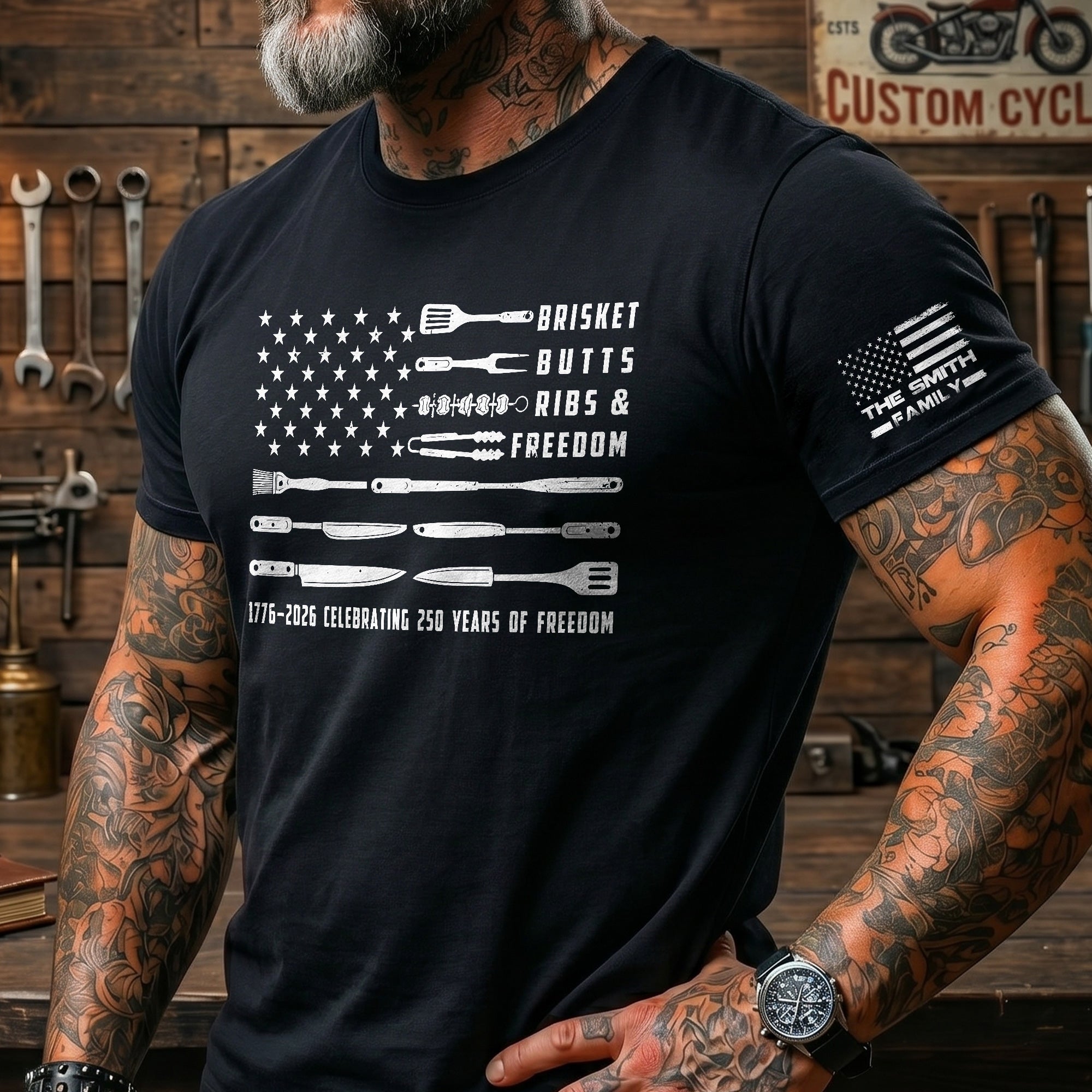 Brisket Butts Ribs & Freedom Bbq American Flag, Grilling Gifts For Him, Grandpa, Dad, Funny Chef - Personalized Shirt