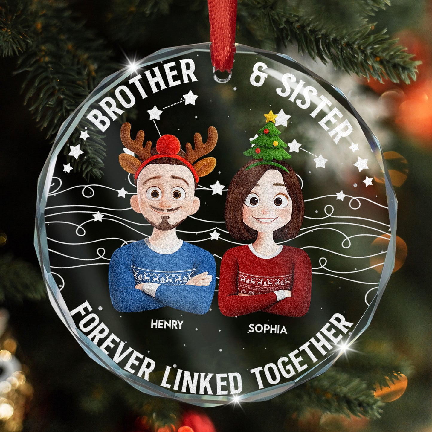 Brother & Sister Forever Linked Together - Personalized Glass Ornament