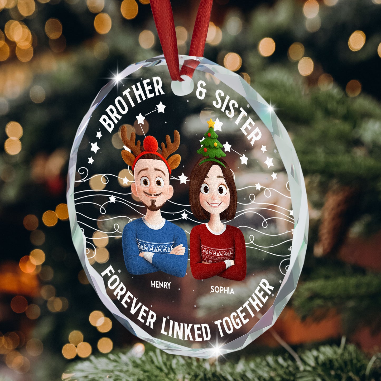 Brother & Sister Forever Linked Together - Personalized Glass Ornament