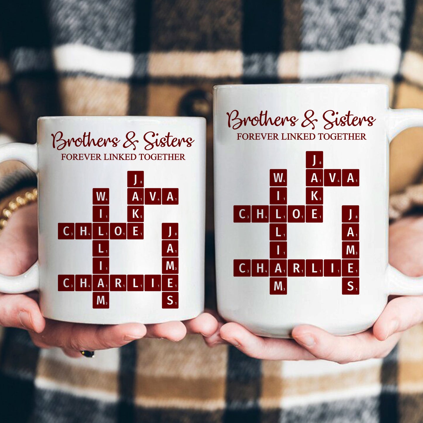 Brother & Sisters Forever Linked Together Scrabble New Version - Personalized Mug