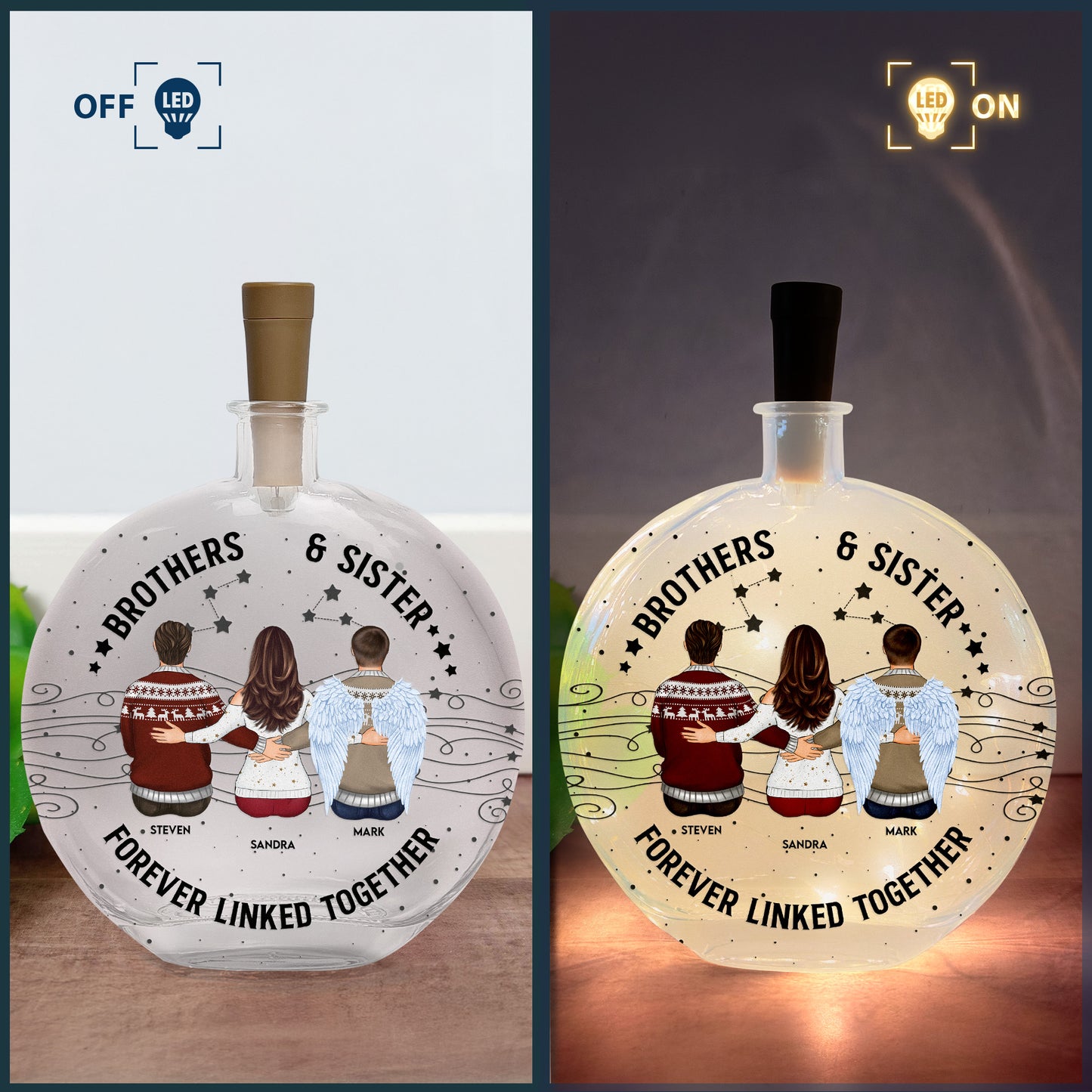 Brothers Sister Forever Linked Together - Personalized Round Flat Bottle Light