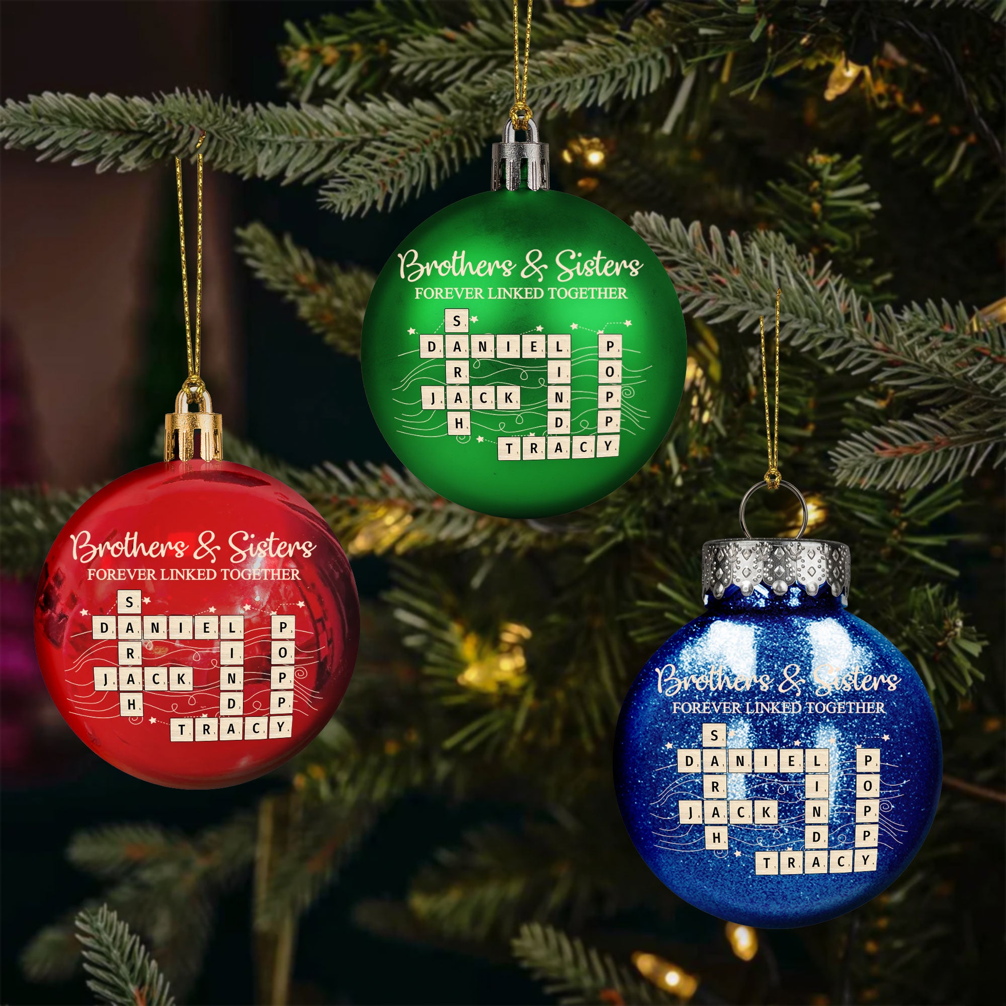 Brothers & Sisters Forever Linked Together Scrabble Christmas Ornament - Personalized Ball Ornament