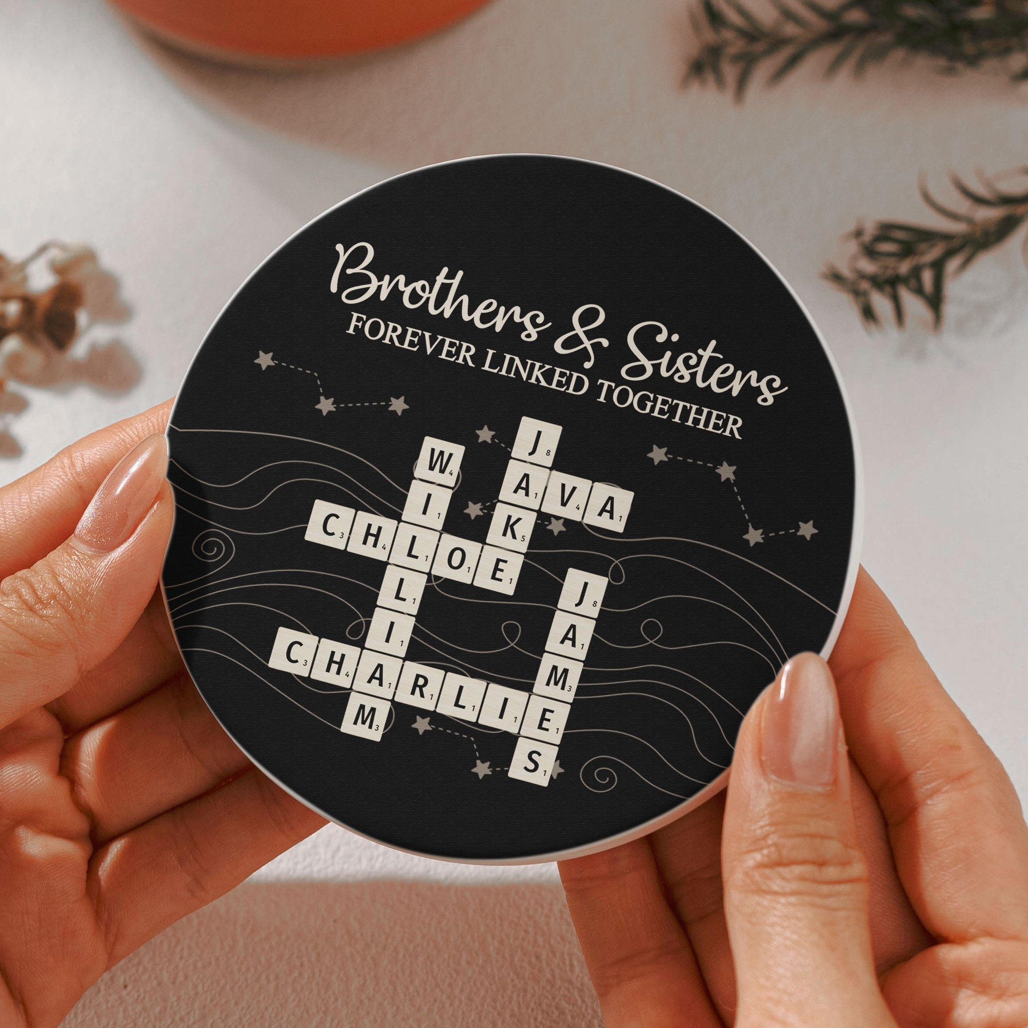 Brothers & Sisters Forever Linked Together Scrabble - Personalized Ceramic Coaster