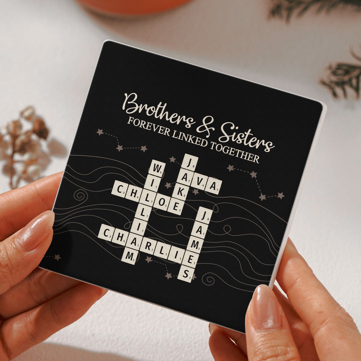 Brothers & Sisters Forever Linked Together Scrabble - Personalized Ceramic Coaster
