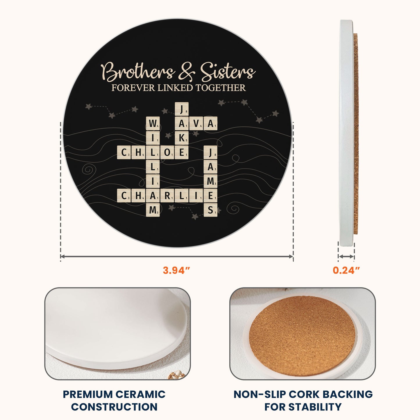 Brothers & Sisters Forever Linked Together Scrabble - Personalized Ceramic Coaster