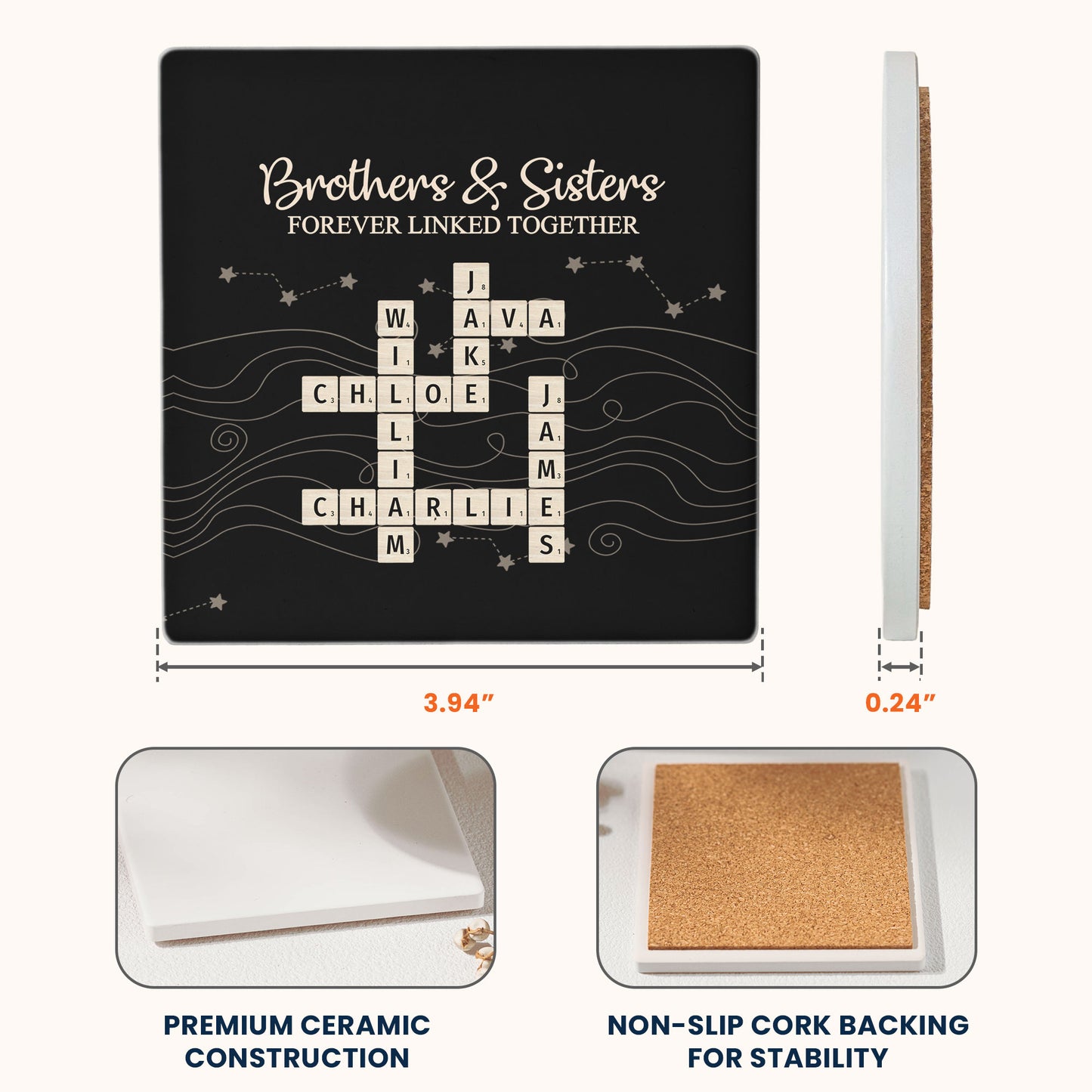 Brothers & Sisters Forever Linked Together Scrabble - Personalized Ceramic Coaster