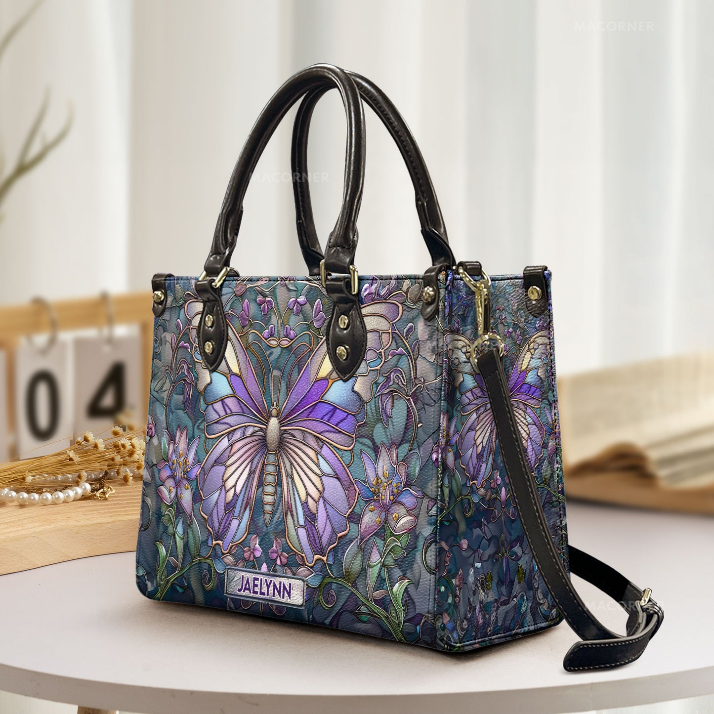 Butterfly Stained Glass Style - Personalized Leather Bag