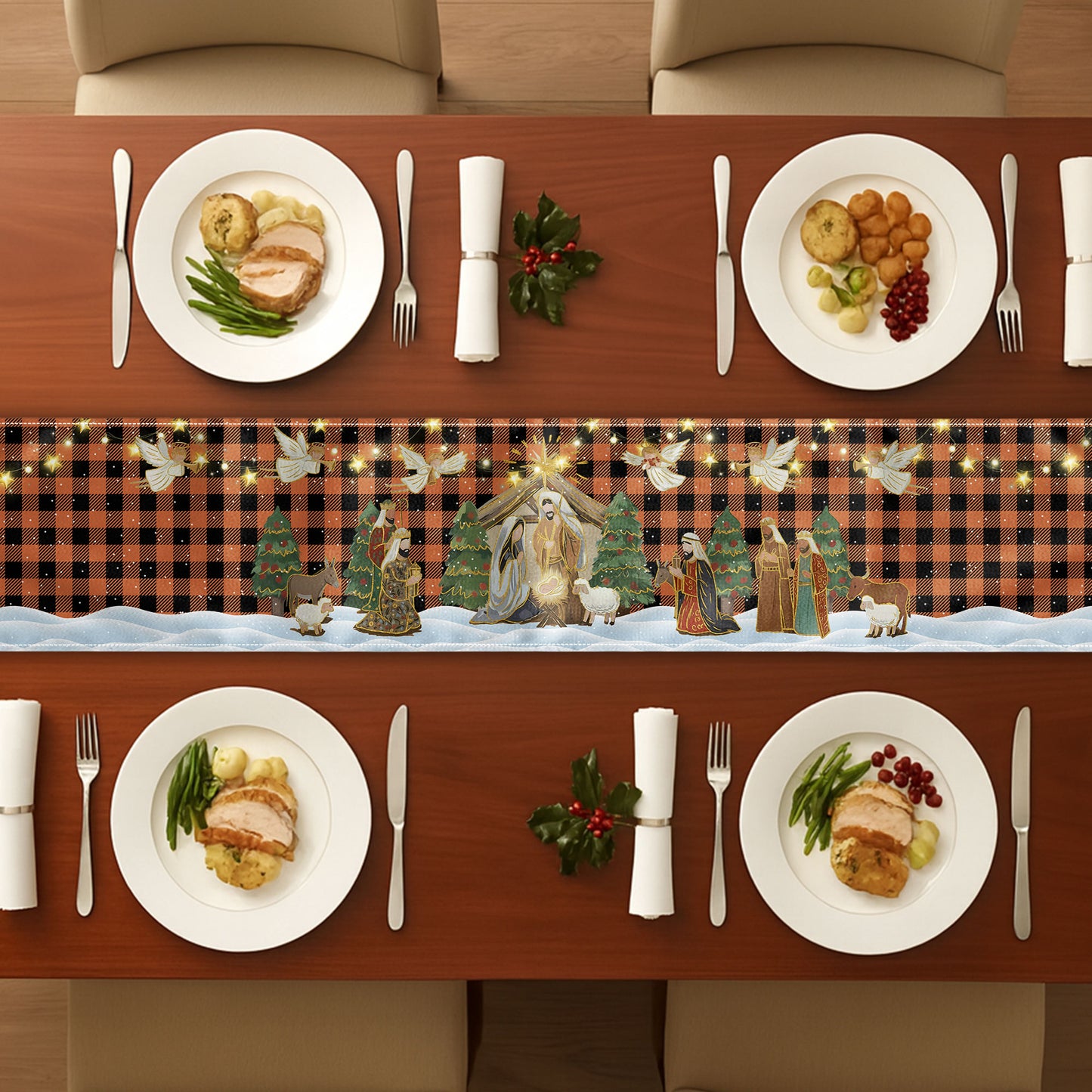 O Holy Night Nativity Scene Buffalo Plaid Christmas Dining Table Decoration - Table Runner