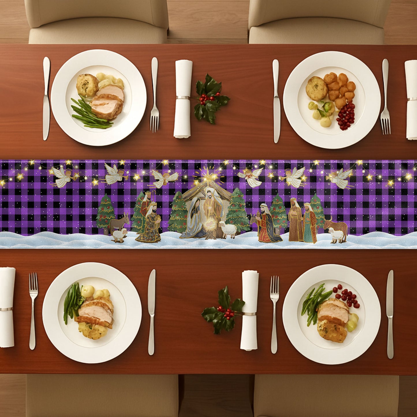 O Holy Night Nativity Scene Buffalo Plaid Christmas Dining Table Decoration - Table Runner