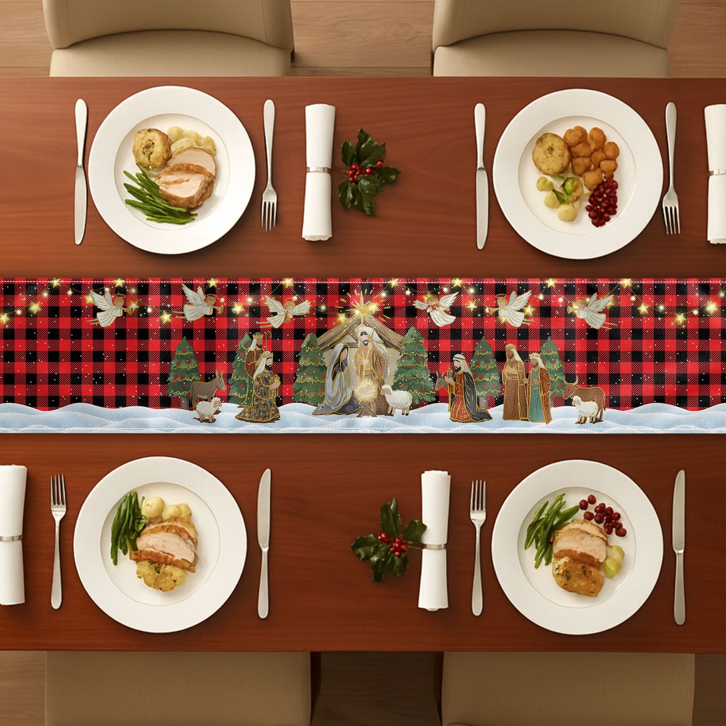 O Holy Night Nativity Scene Buffalo Plaid Christmas Dining Table Decoration - Table Runner