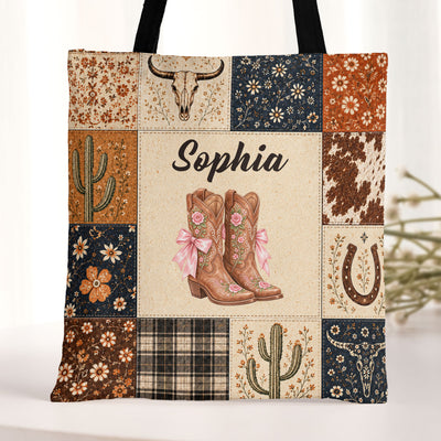 Cactus Boots Horseshoe Patchwork Style Gift For Western Girl - Personalized Tote Bag