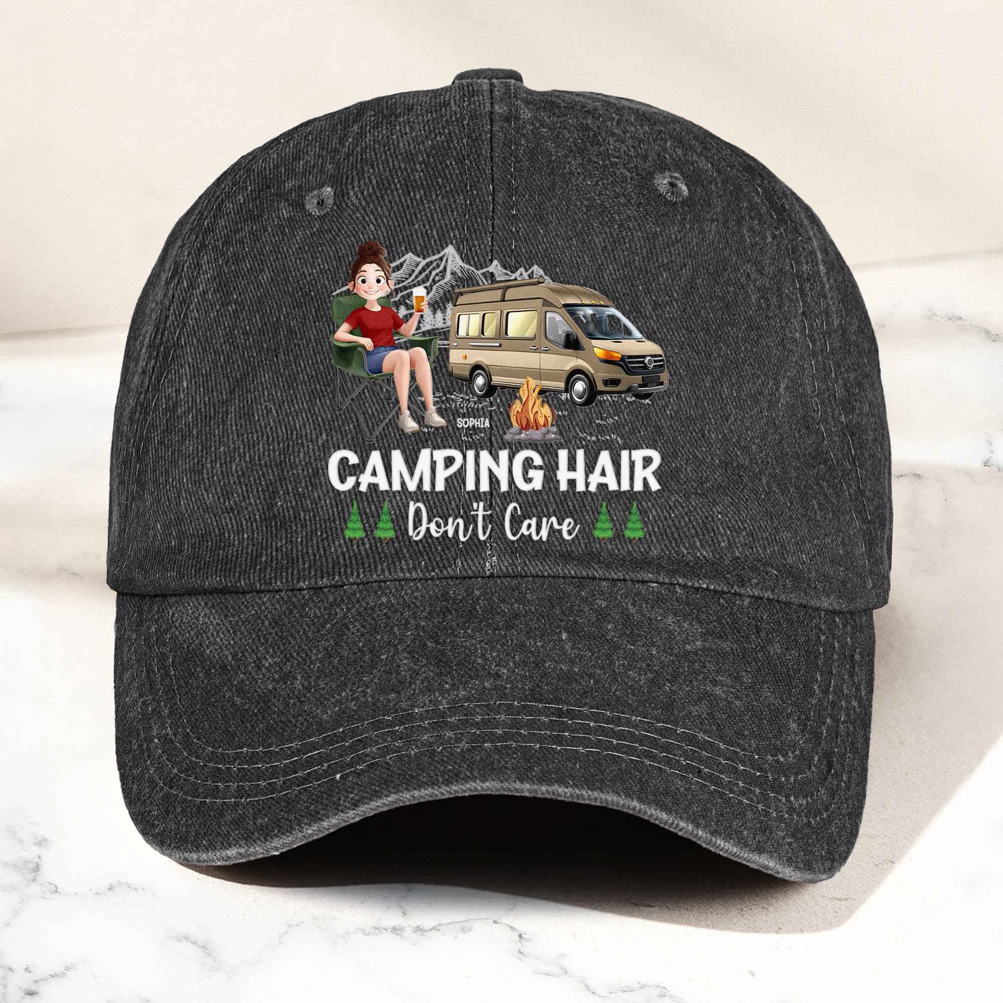 Camping Hair Don't Care - Personalized Distressed Denim Cap